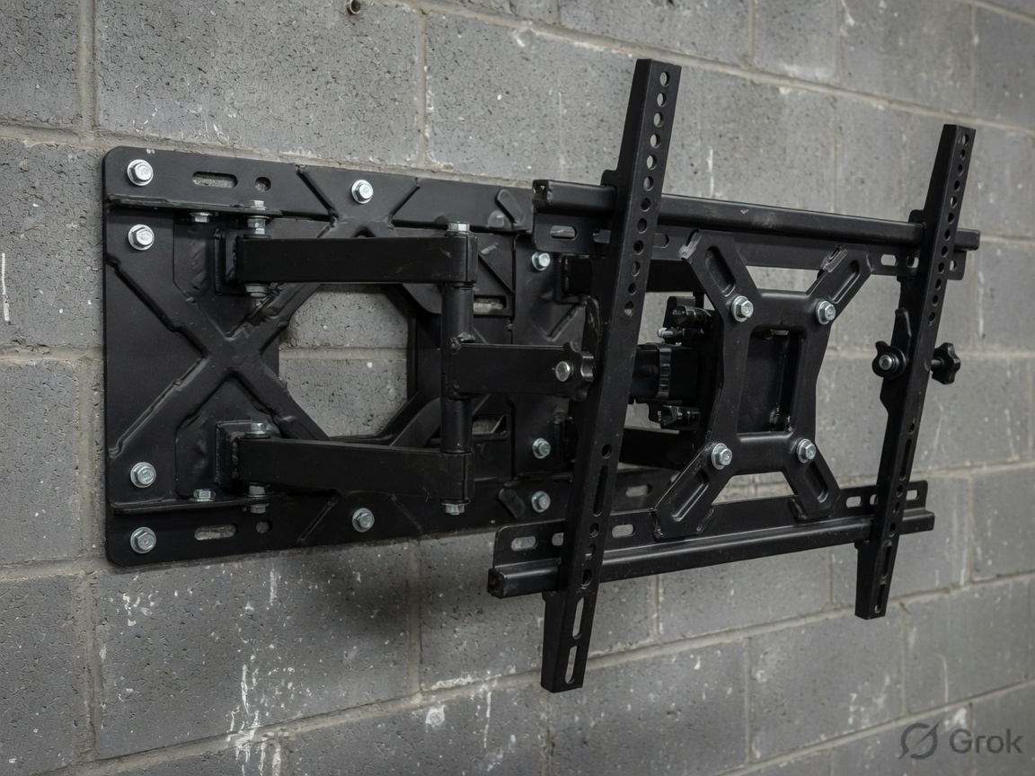 Heavy black articulating TV mount on a cinderblock gym wall