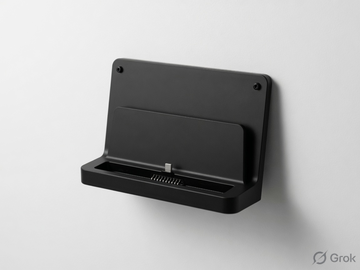 Black tablet wall dock mounted on a white wall